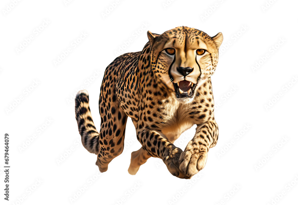 Fototapeta premium Cheetah running No shadows, highest details, sharpness throughout the image, highest resolution, lifelike, white background