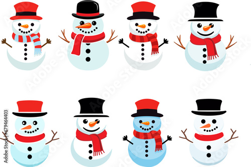 Set of Snowmen flat vector icons. Snowman with a red scarf .Collection of cute snowmen. Christmas character icons.