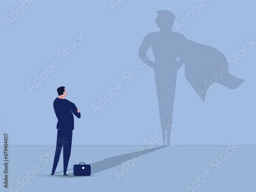 Young man standing in front of superhero shadow. vector Illustration.