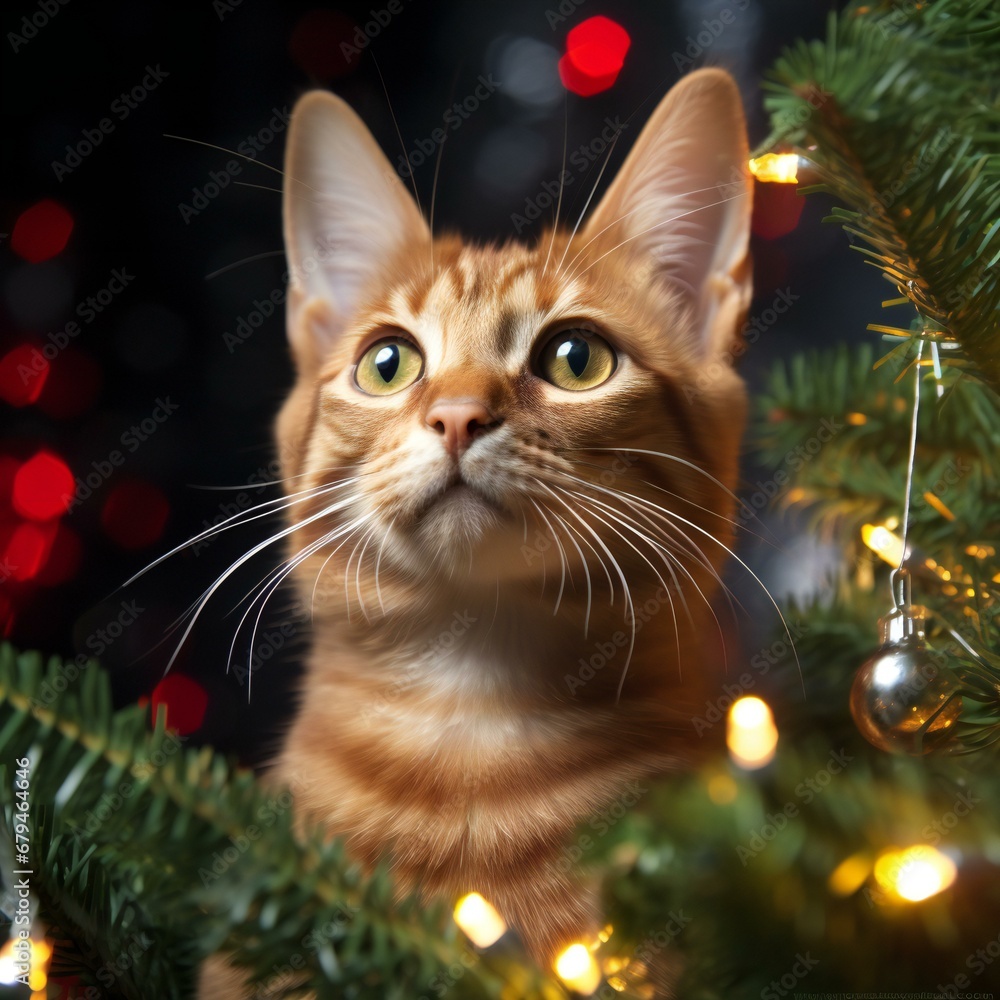 Portrait of ginger cat with christmas tree and lights on background