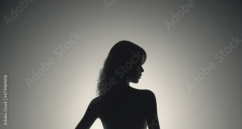 Silhouette of a beautiful woman with long curly hair on a gray background