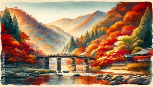 Watercolor - Autumn leaves at Arashiyama with the Togetsukyo Bridge in the foreground and Mount Arashiyama in the background. photo