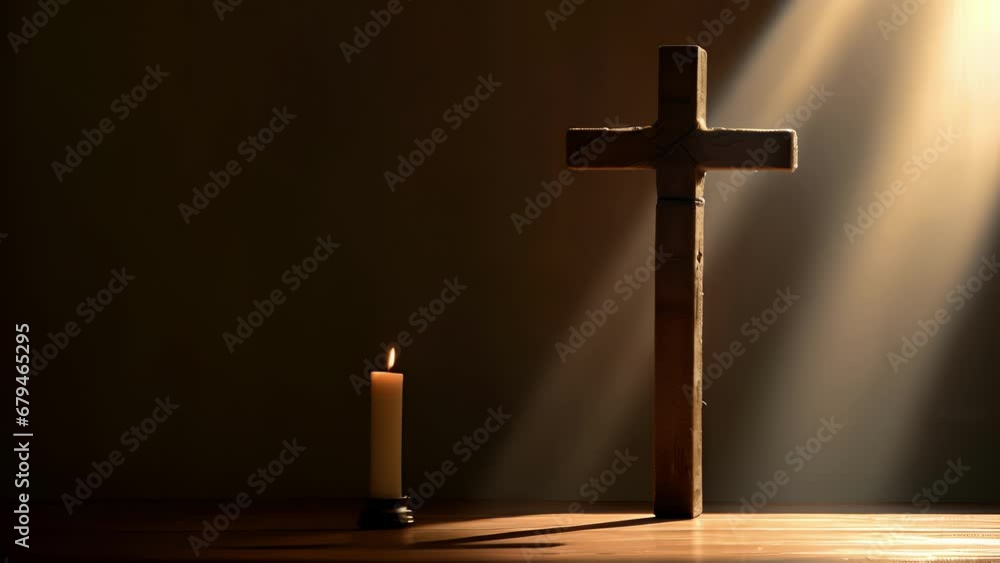 A solitary lit candle stands in front of a large wooden cross, casting long shadows and creating a somber mood, reminding us of the sacrifices made for our beliefs. A solitary lit candle stands in front of a large wooden cross, casting long shadows and creating a somber mood, reminding us of the sacrifices made for our beliefs.