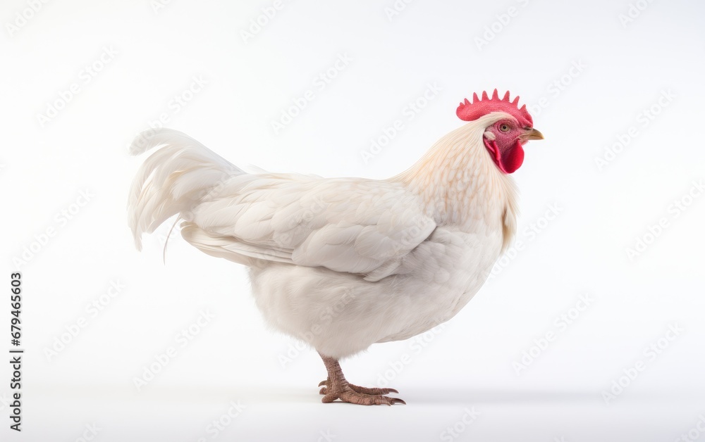 hen is a laying hen of white color on white background.