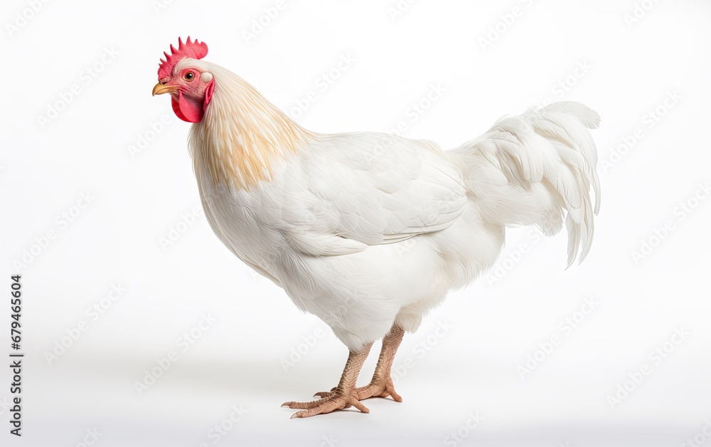 Young white hen isolated on a white background