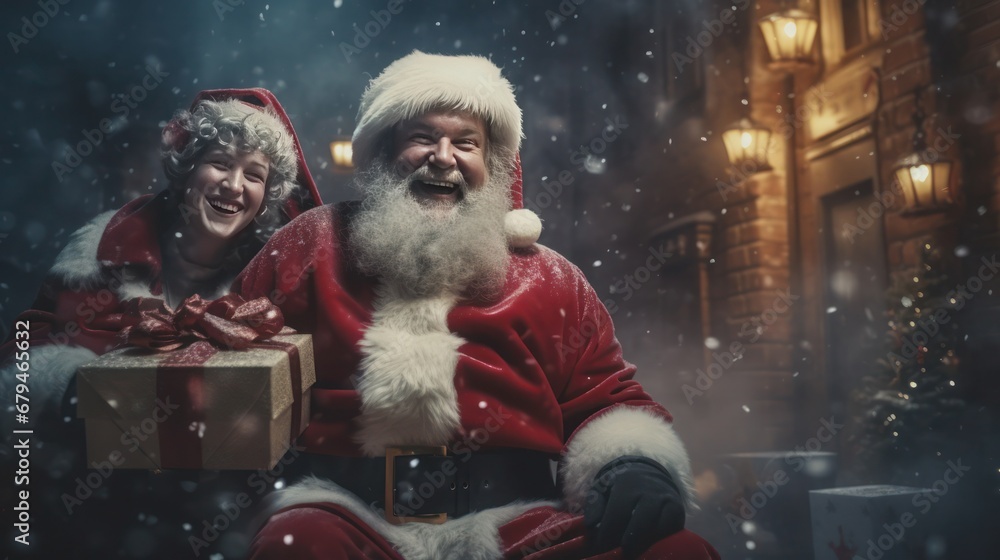 Overjoyed girl and Santa Claus together during the holidays