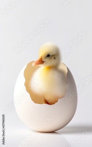 Yellow small duck with egg isolated on white background