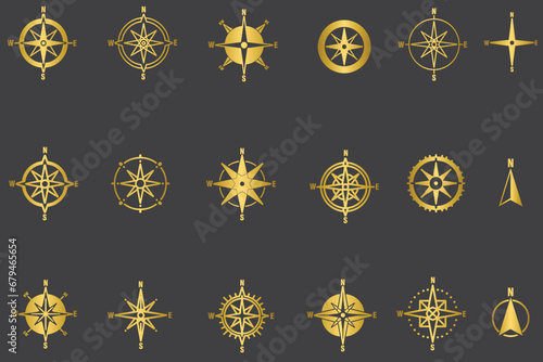 Set of golden compass rose or golden wind rose, collection of gold compass rose photo