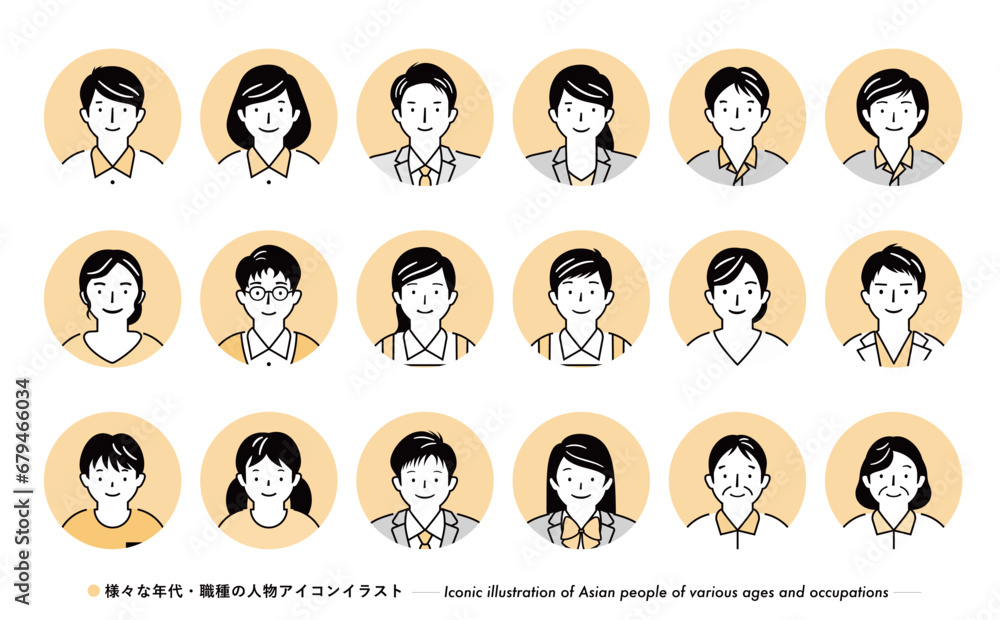 職業別ビジネス向けのシンプルな黄色の丸い日本人の顔の人物アイコンイラストセット 職業別ビジネス向けのシンプルな黄色の丸い日本人の顔の人物アイコンイラストセット