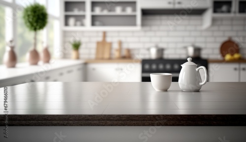 Kitchen interior table top mockup product with blurry background photography