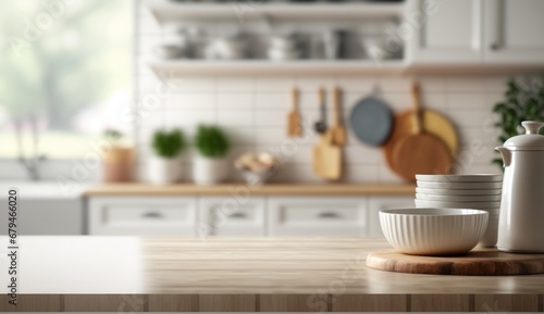 Kitchen interior tabletop mockup product with blurry background photography