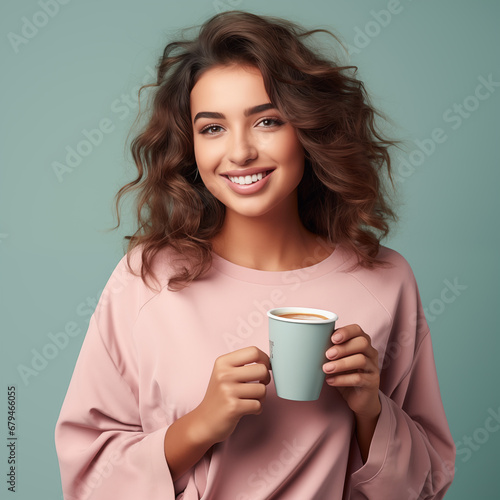 Photo of adorable satisfied lady stylish outfit hold mug refreshment beverage aroma tea stand empty space isolated on cyan color background