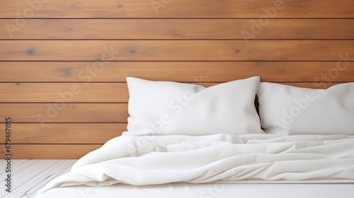 A bed on a wood brown and white background, with minimal retouching, back button focus, and a stylish, clean, minimalistic approach.