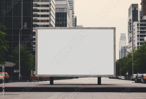 A free mock-up of a sign billboard on a blank white background in an empty city street, featuring unique framing and composition, packed with hidden details, and a polished flat form. photo