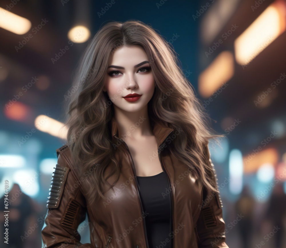 Portrait of a beautiful young woman in a brown leather jacket