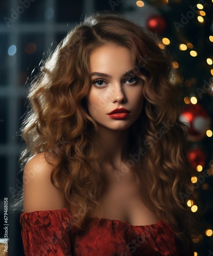 Beautiful young woman with long curly hair and red lips, Christmas