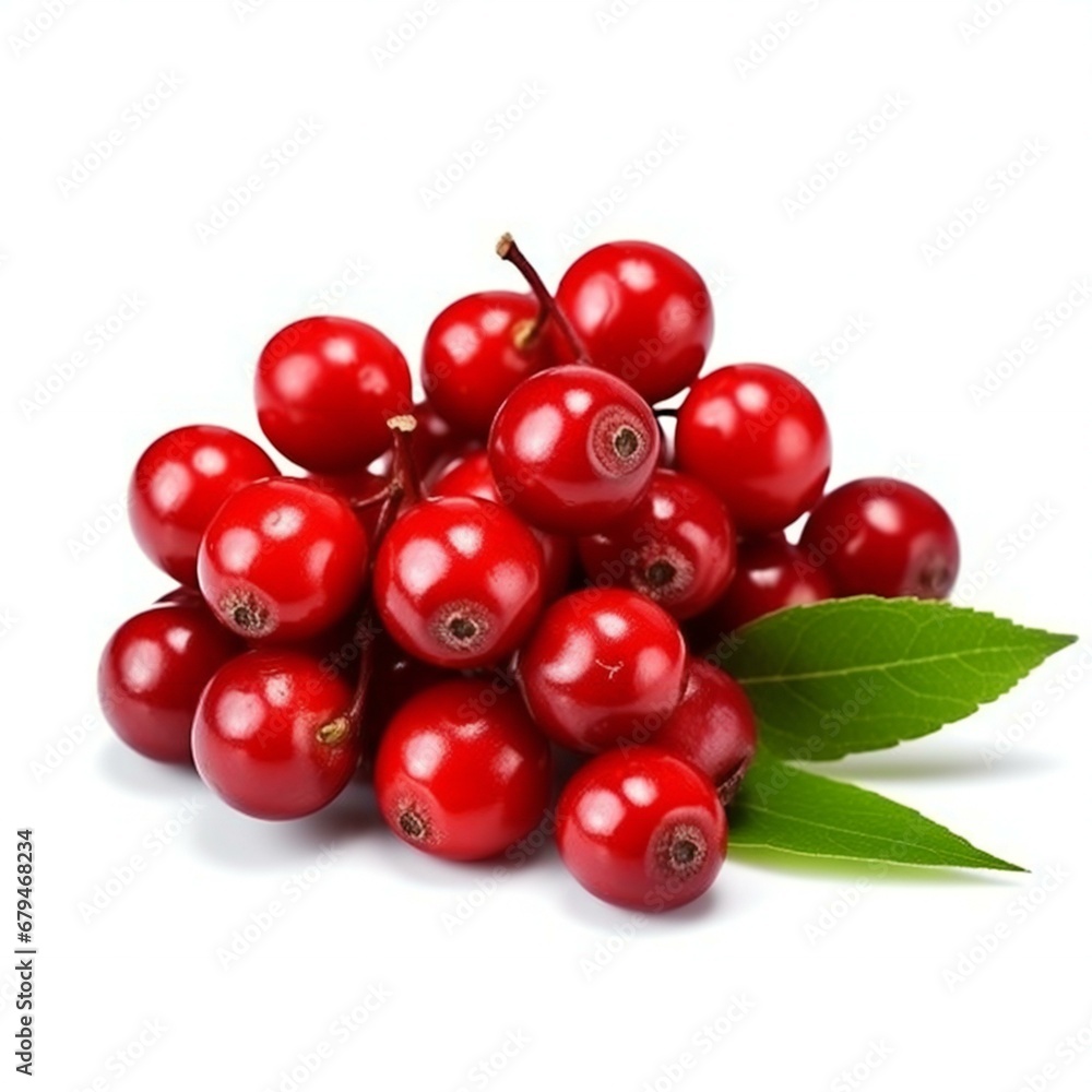Red berries of viburnum with green leaf isolated on white background cutout