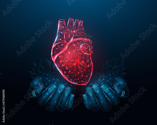Two human hands are holds a red heart. Wireframe glowing low poly heart. Design on dark blue background. Abstract futuristic vector illustration.