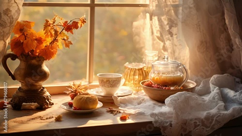 A captivating autumn background with a combination of warm and cool hues. The soft sunlight pours through a foggy, rainspeckled window, casting subtle shadows on a vintage fabriccovered photo