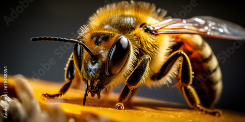 Useful bee flew into hive with honey with pollen bee flower, Closeup of bees head with pollen on its face and antennae, A closeup bee isolated on a honey background honey bee, generative AI