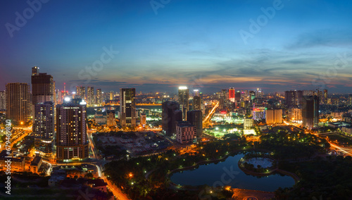 Cityscape of Hanoi skyline at Cau Giay park during sunset time in Hanoi city  Vietnam