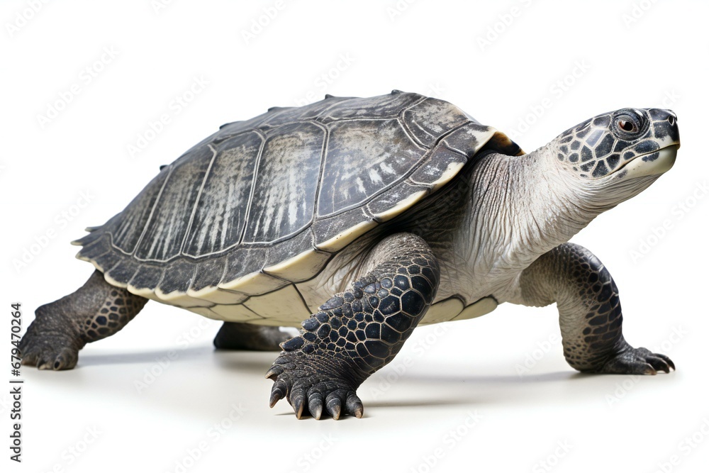 Tortoise isolated on a white background, closeup of photo