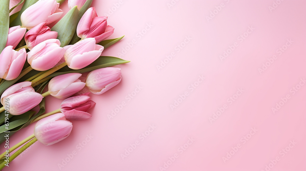 Spring flowers. Bouquet of pink tulips flowers on pastel pink background. Valentine's Day, Easter, Birthday, Happy Women's Day, Mother's Day. Flat lay