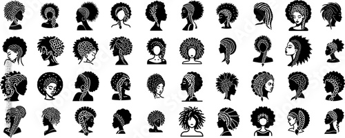 set of geometric silhouettes representing women afro braids and hairstyles diversity, vector	