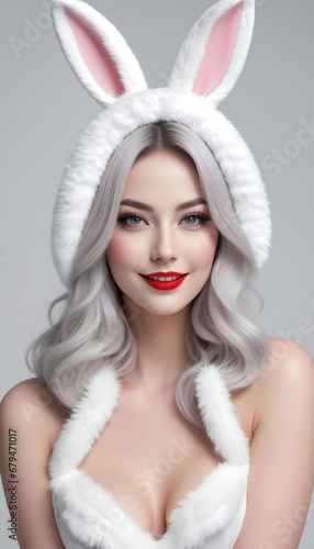 Fashion portrait of young beautiful woman with rabbit ears,  Perfect make-up and manicure