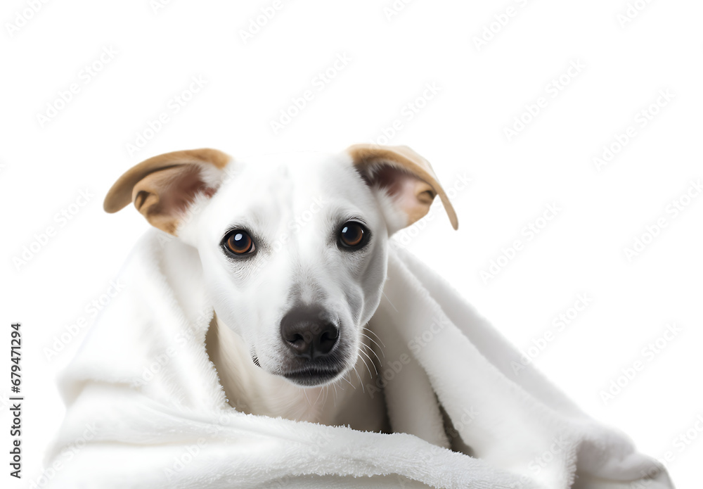 Cute wet Whippet puppy dog after bath is sitting wrapped in an white towel, isolated on transparent background