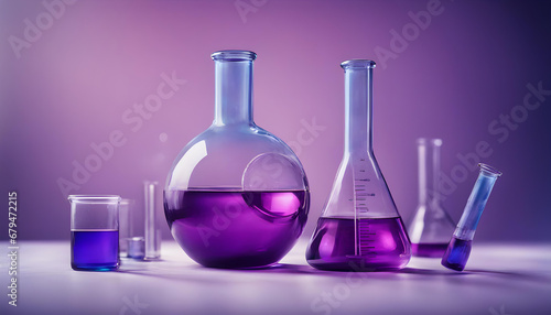 purple glass flask in blue research chemistry science banner laboratory background photo