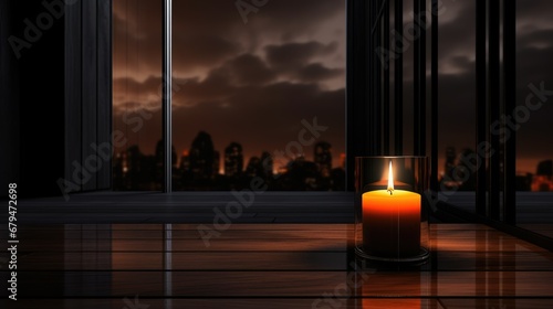 Candlelight casting warm glow in modern, minimalist room.