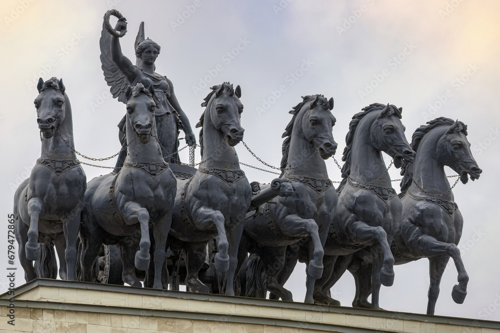 Statue of six-horse chariot on the Triumphal Arch of Moscow, Russia