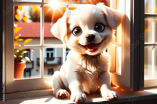 Draw a smiling white puppy by a window with warm sunlight shining down on it. Generative AI