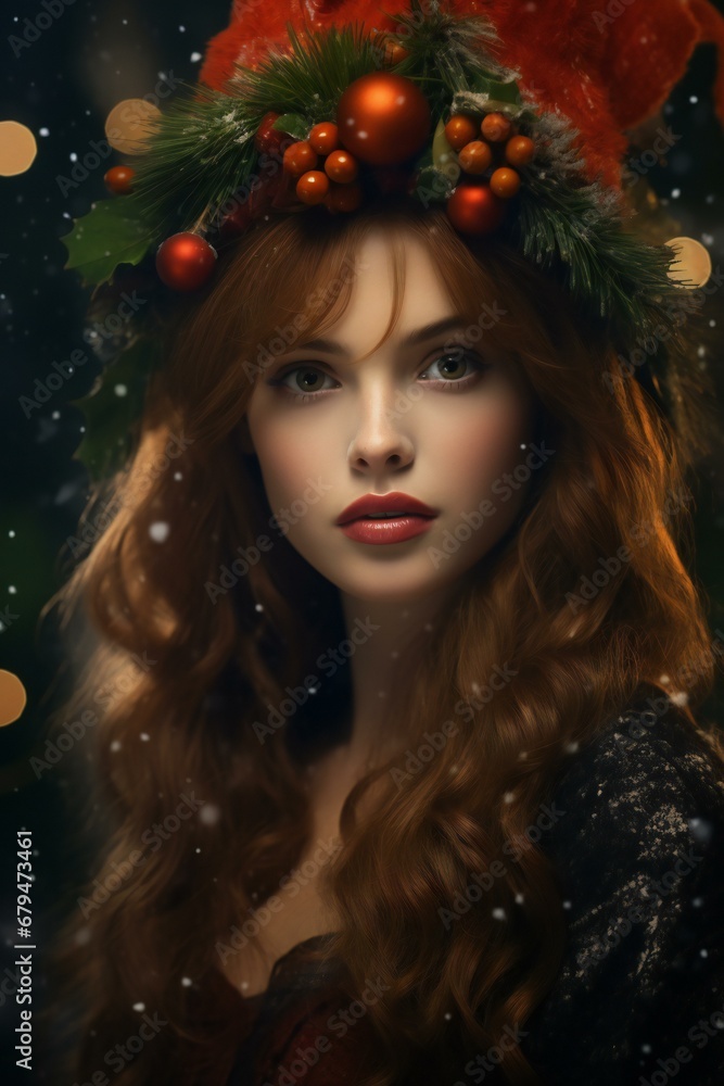 Beautiful young woman with christmas wreath on her head