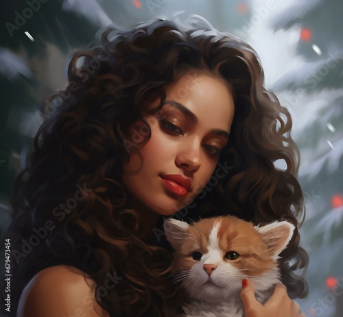Beautiful young woman with long curly hair and cat, Portrait of a girl with a cat