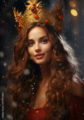 Beautiful young woman in a golden crown on a dark background
