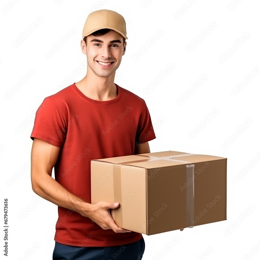 Realistic Handsome young delivery man with box, AI Generative. Realistic Handsome young delivery man with box, AI Generative.