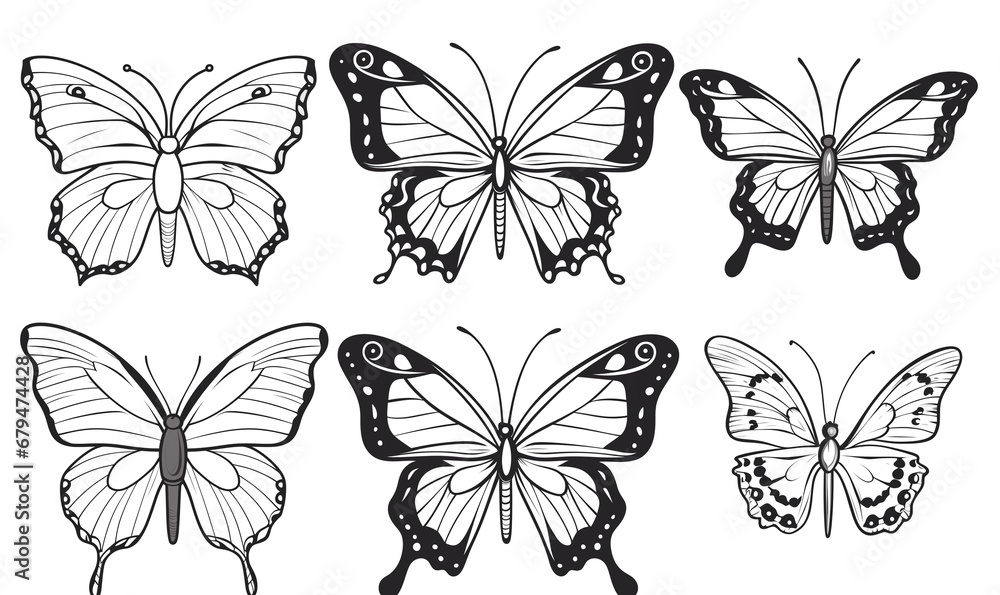 Obraz premium Coloring page of cartoon butterflies. Pattern in black and white colors.
