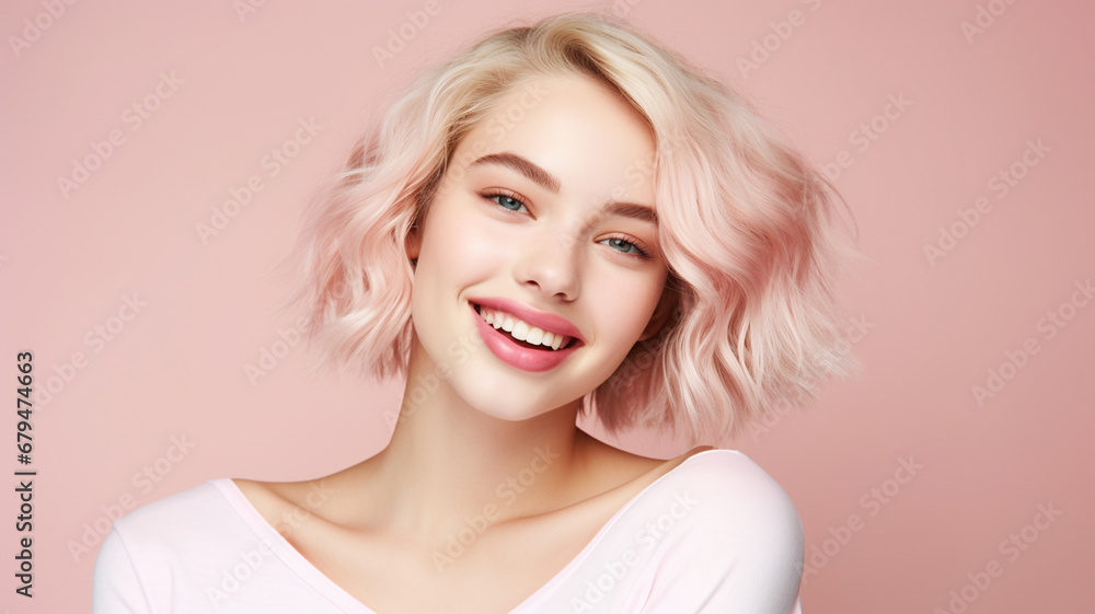 Fototapeta premium Portrait of a happy young female model with short blonde hair