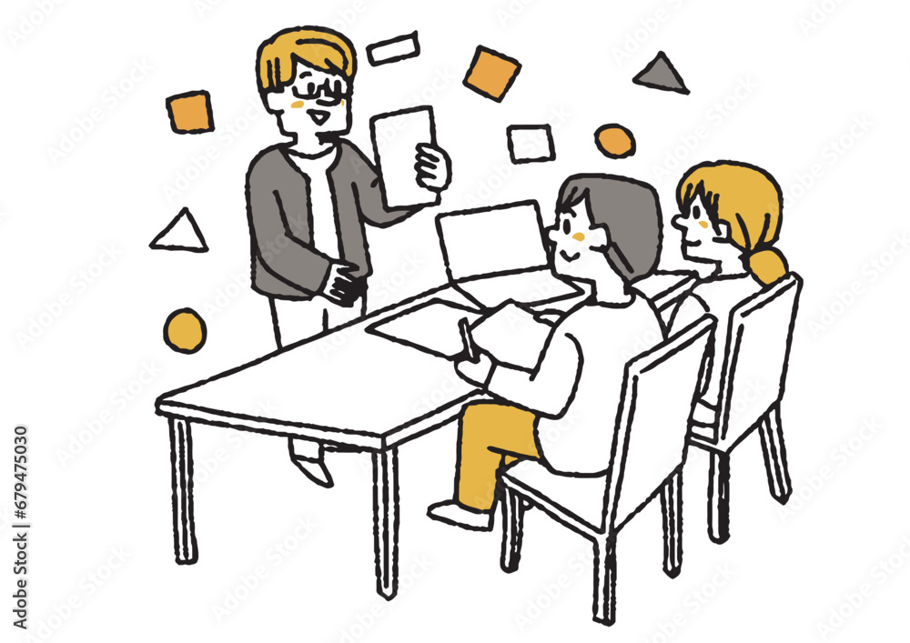 会話をして仕事を進めるビジネスチームのイラスト コミカルな手書きの人物 ベクター、線画にカラー 会話をして仕事を進めるビジネスチームのイラスト コミカルな手書きの人物 ベクター、線画にカラー