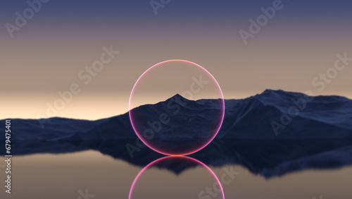 Abstract fantasy landscape of mountains, rocks at dusk with a luminous ring on the water. 3D render