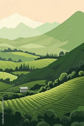 Terraced plantation poster Chinese rice fields. Tea plantations. Brochure, booklet one page conceptual design with illustration. Agricultural slopes flyer  illustration. photo