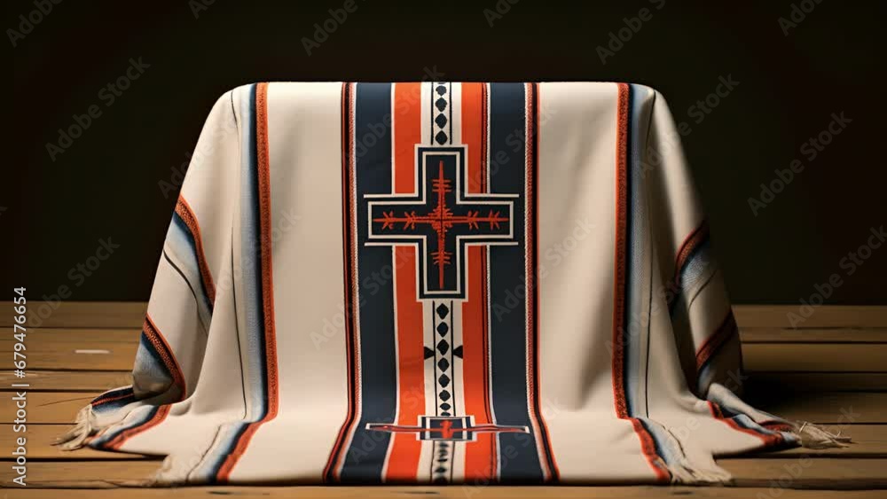 A traditional handwoven blanket, featuring a large cross in the center