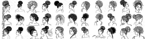 set of one-line drawings : afro braids and hairstyles diversity 