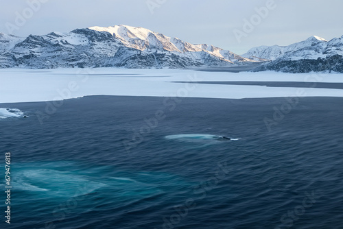 Antarctic landscape with icebergs in the ocean and mountains in the background