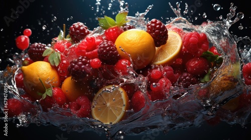 Delicious sweet glowing ripe berries raspberries strawberries blackberries cherry citrus oranges flying in an explosion of water with splashes and drops