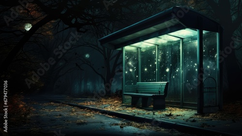 Illustration of a bus stop in serene night or early evening ambiance.