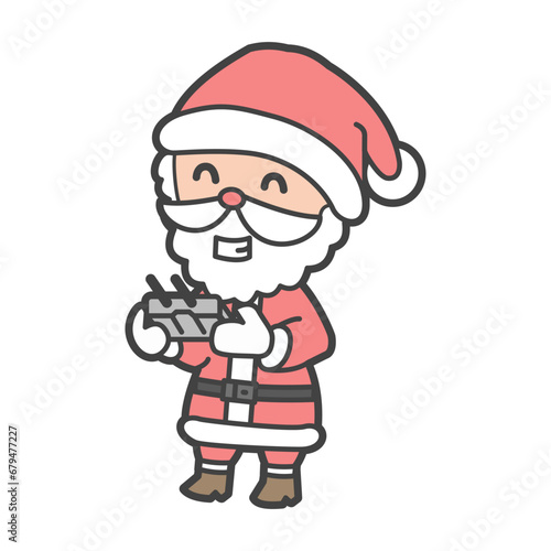 クリスマスの準備でプロポ、コントローラー（ドローン・ラジコン用）を持つサンタクロースのイラスト