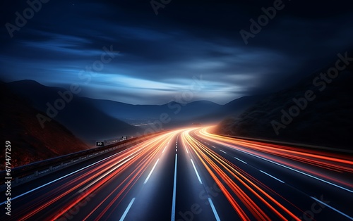 Highway in the mountains at night with motion blur and blue sky